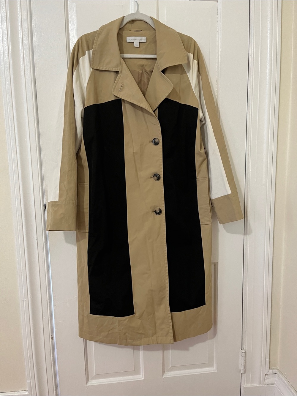New York & Company Tan, Black & White Colorblock Trench Coat